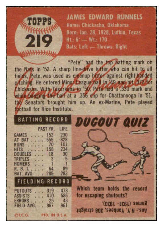 1953 Topps Baseball #219 Pete Runnels Senators EX-MT 506687