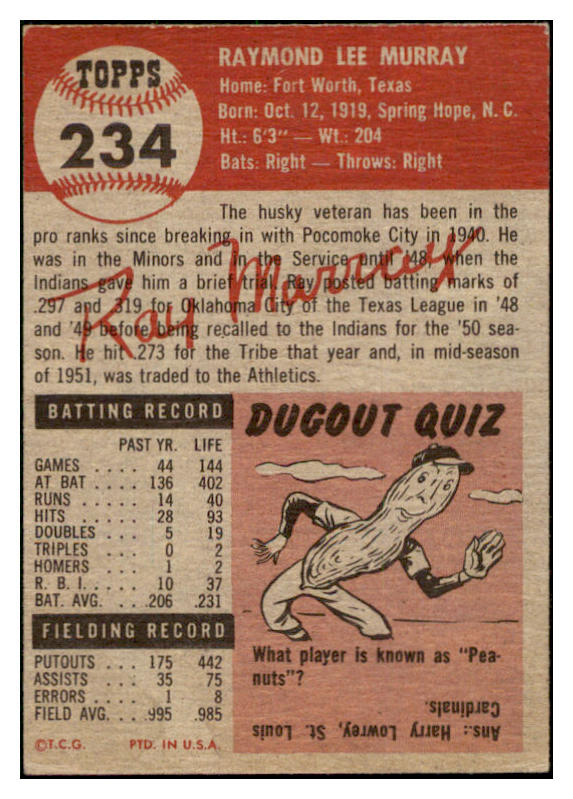 1953 Topps Baseball #234 Ray Murray A"S EX-MT 506696