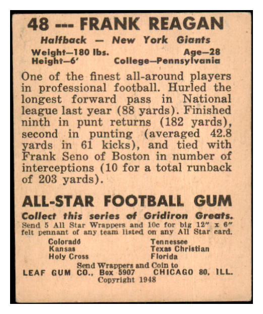 1948 Leaf Football #048 Frank Reagan Giants EX 506871