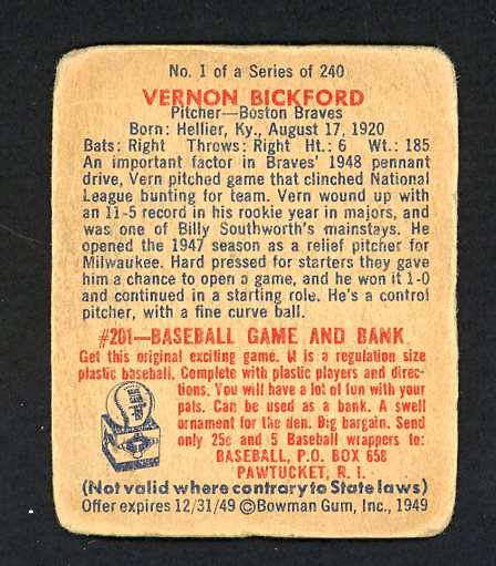 1949 Bowman Baseball #001 Vern Bickford Braves PR-FR 506961