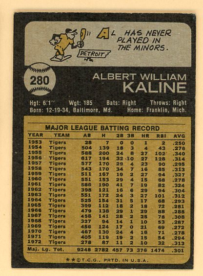 1973 Topps Baseball #280 Al Kaline Tigers EX-MT 507157