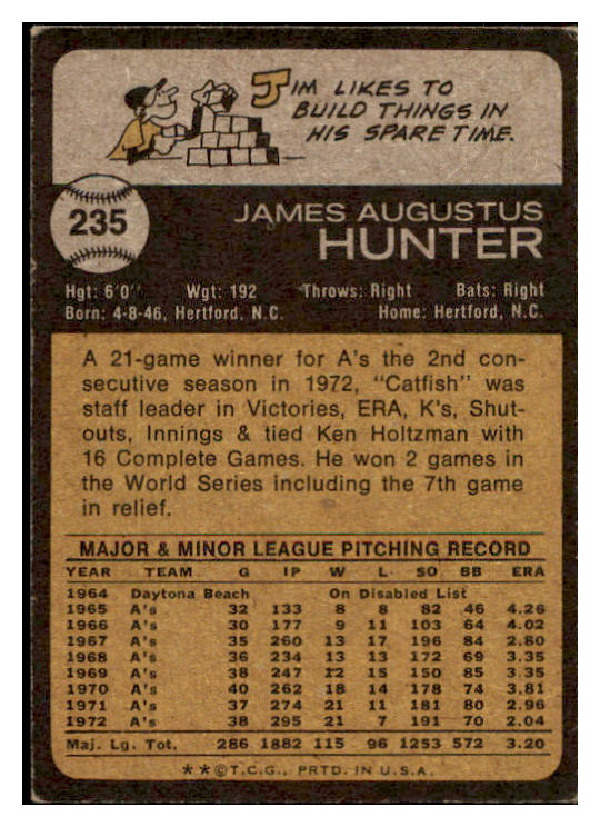 1973 Topps Baseball #235 Catfish Hunter A's EX-MT 507164