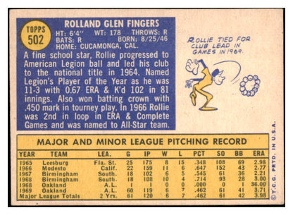 1970 Topps Baseball #502 Rollie Fingers A's EX 507243