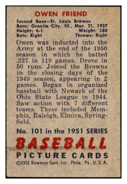 1951 Bowman Baseball #101 Owen Friend Browns NR-MT 507317