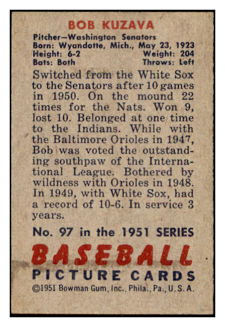 1951 Bowman Baseball #097 Bob Kuzava Senators NR-MT 507318