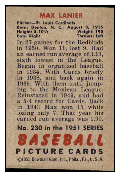 1951 Bowman Baseball #230 Max Lanier Cardinals NR-MT 507332