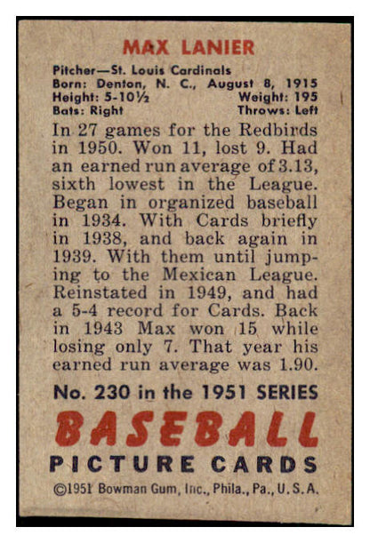 1951 Bowman Baseball #230 Max Lanier Cardinals NR-MT 507332