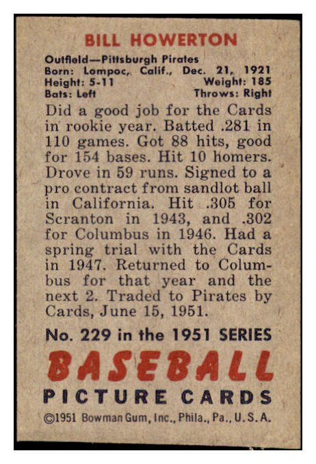 1951 Bowman Baseball #229 Bill Howerton Pirates NR-MT 507333