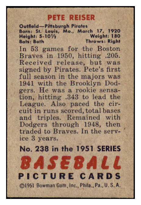 1951 Bowman Baseball #238 Pete Reiser Pirates NR-MT 507342
