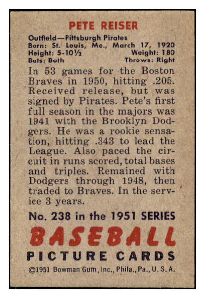 1951 Bowman Baseball #238 Pete Reiser Pirates NR-MT 507342