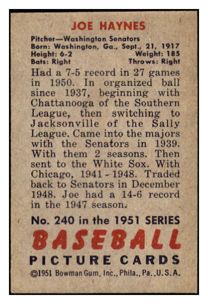 1951 Bowman Baseball #240 Joe Haynes Senators NR-MT 507344