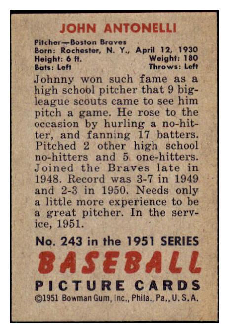 1951 Bowman Baseball #243 John Antonelli Braves NR-MT 507345