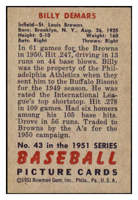 1951 Bowman Baseball #043 Billy Demars Browns NR-MT 507357