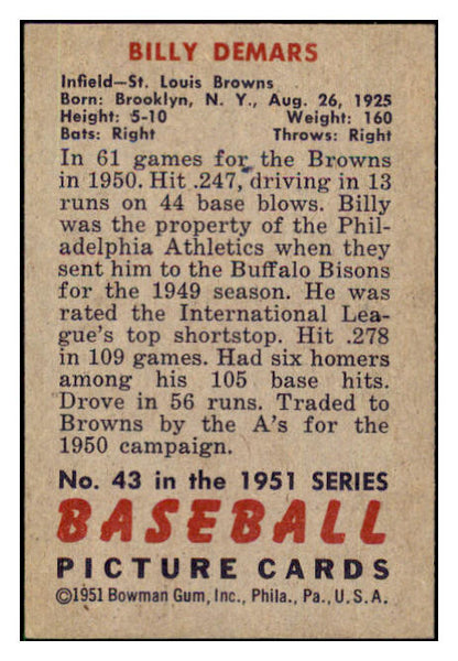 1951 Bowman Baseball #043 Billy Demars Browns NR-MT 507357