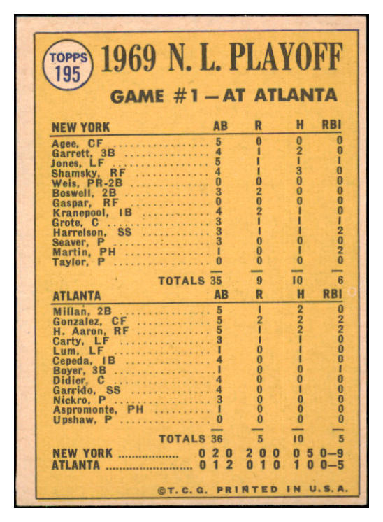 1970 Topps Baseball #195 N.L. Play Offs Game 1 Tom Seaver EX 507395