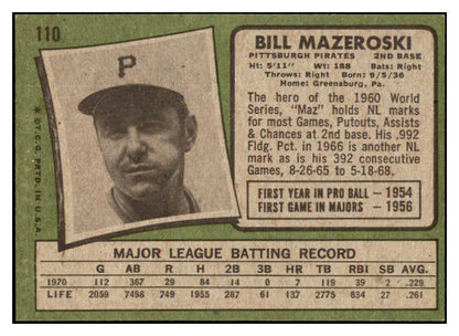 1971 Topps Baseball #110 Bill Mazeroski Pirates EX 507407