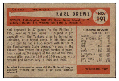 1954 Bowman Baseball #191 Karl Drews Phillies EX+/EX-MT 507422