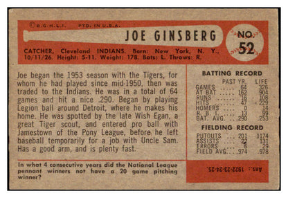 1954 Bowman Baseball #052 Joe Ginsberg Indians EX+/EX-MT 507442
