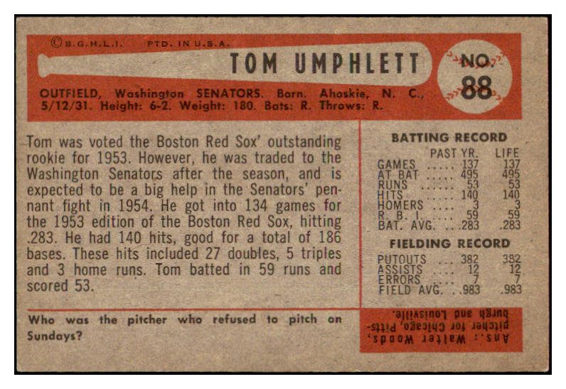 1954 Bowman Baseball #088 Tom Umphlett Senators EX+/EX-MT 507461