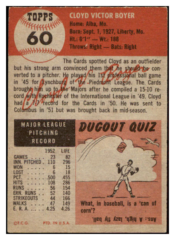 1953 Topps Baseball #060 Cloyd Boyer Cardinals EX-MT 507539