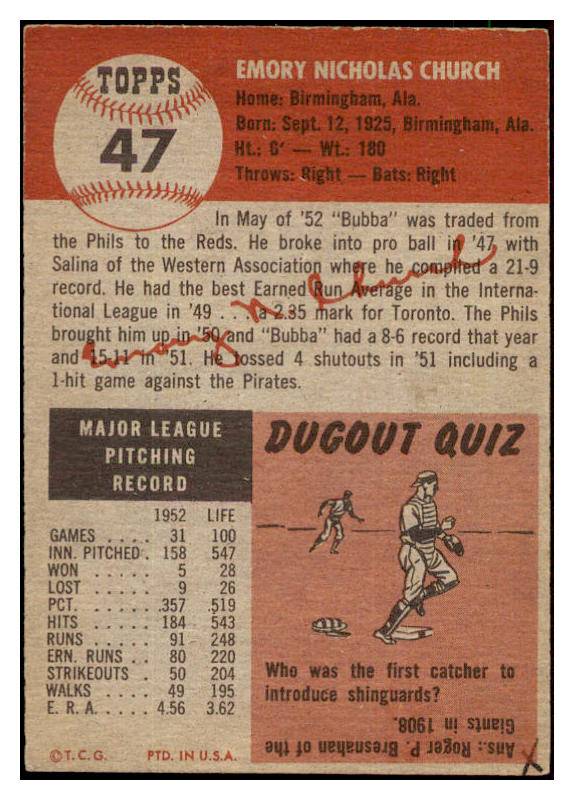 1953 Topps Baseball #047 Bubba Church Reds EX-MT 507547