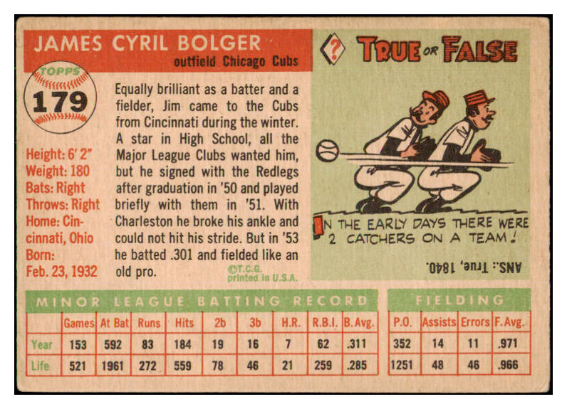 1955 Topps Baseball #179 Jim Bolger Cubs VG-EX 507642