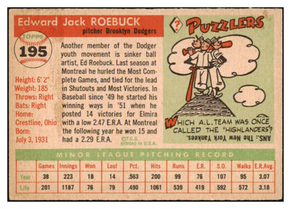 1955 Topps Baseball #195 Ed Roebuck Dodgers VG-EX 507643