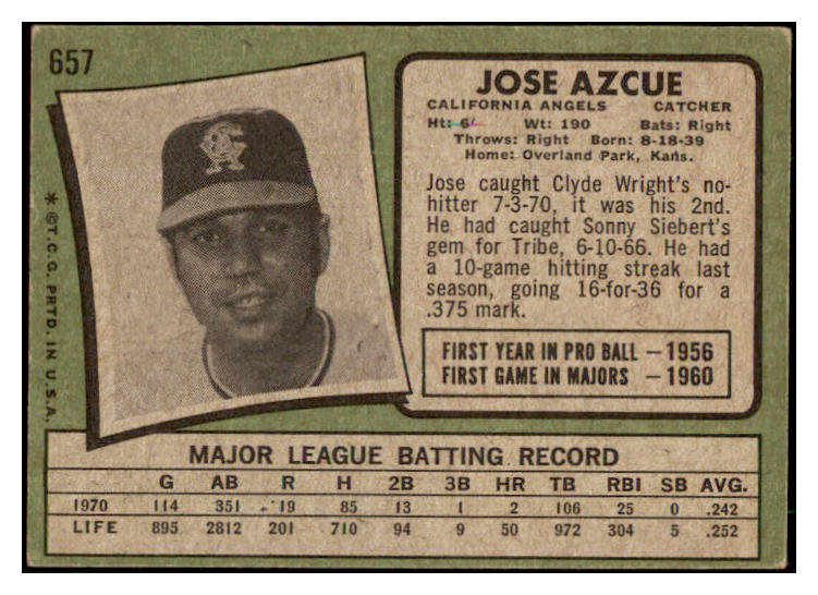 1971 Topps Baseball #657 Jose Azcue Angels VG-EX 507755