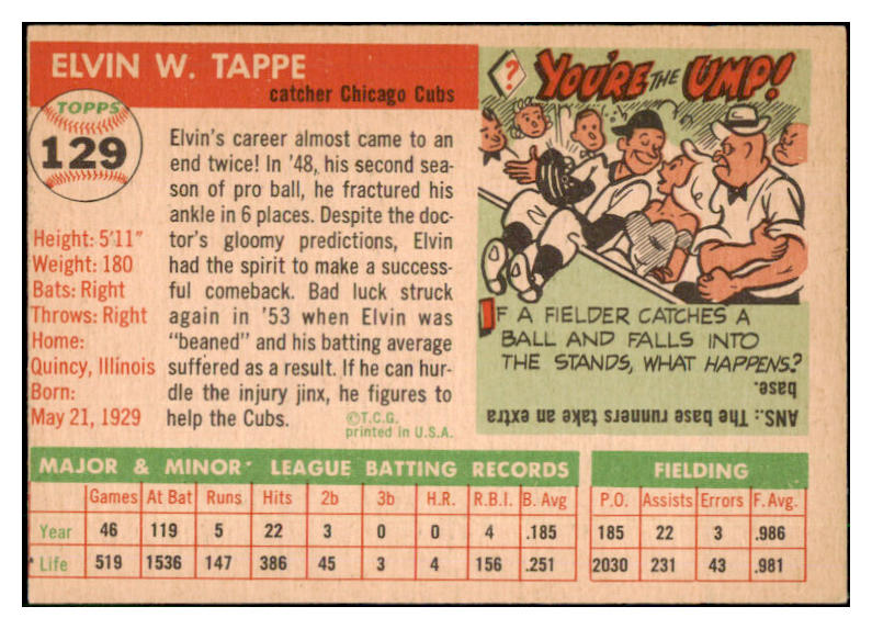 1955 Topps Baseball #129 Elvin Tappe Cubs EX-MT 507978