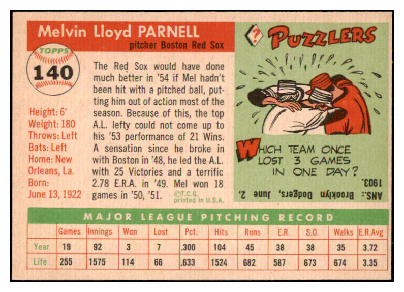 1955 Topps Baseball #140 Mel Parnell Red Sox EX-MT 507983