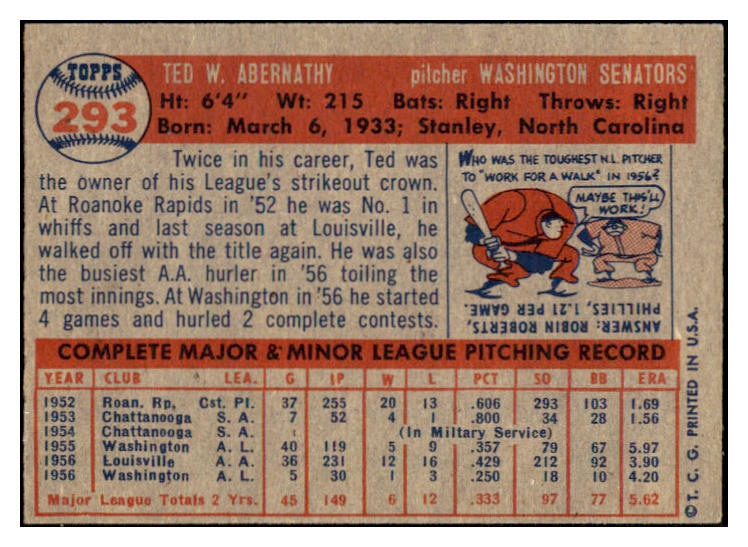 1957 Topps Baseball #293 Ted Abernathy Senators NR-MT 508175