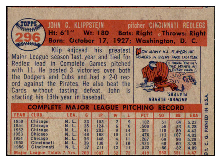 1957 Topps Baseball #296 Johnny Klippstein Reds EX-MT 508187