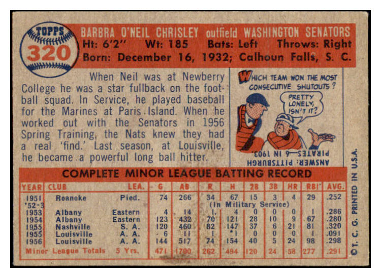 1957 Topps Baseball #320 Neil Chrisley Senators EX 508267