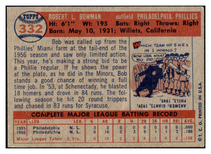 1957 Topps Baseball #332 Bob Bowman Phillies EX 508317