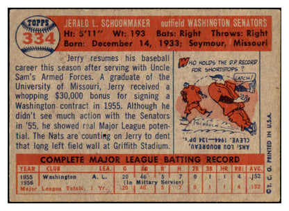 1957 Topps Baseball #334 Jerry Schoonmaker Senators EX 508327