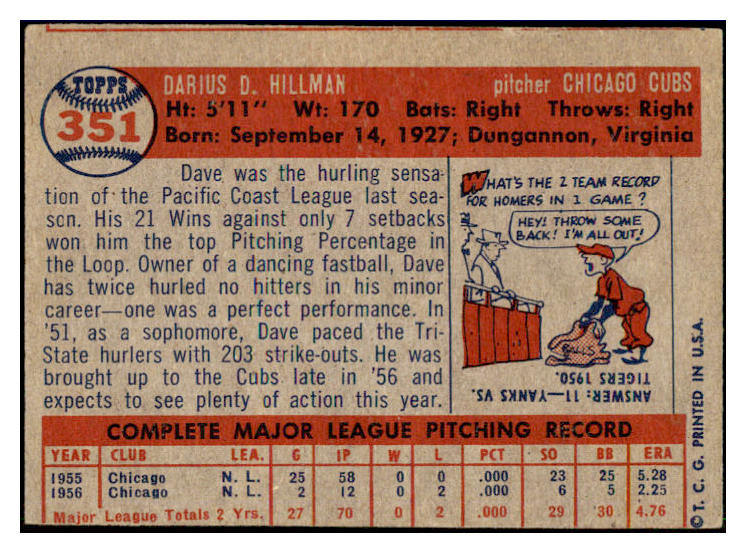 1957 Topps Baseball #351 Dave Hillman Cubs VG 508413