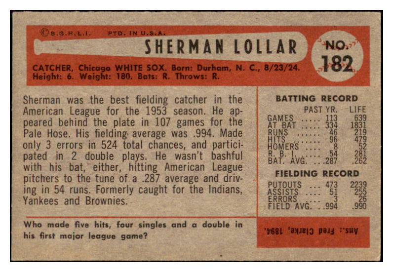 1954 Bowman Baseball #182 Sherm Lollar White Sox EX-MT 508671