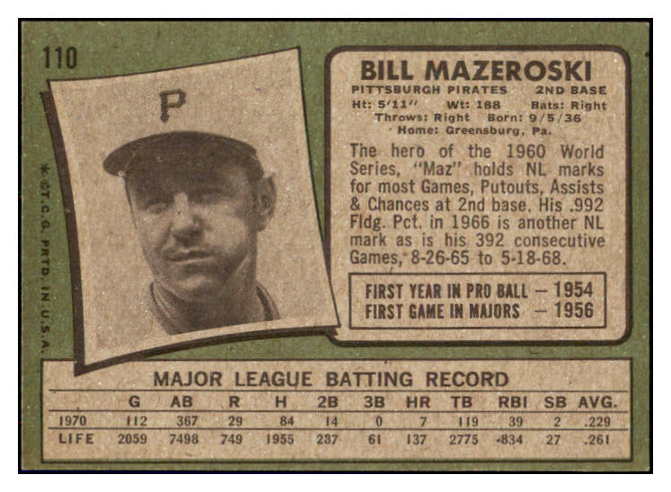 1971 Topps Baseball #110 Bill Mazeroski Pirates EX-MT 508739