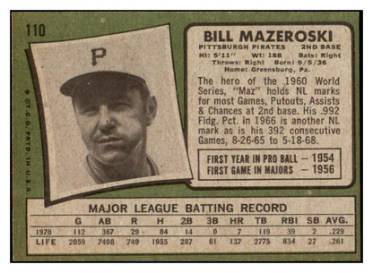 1971 Topps Baseball #110 Bill Mazeroski Pirates EX-MT 508744