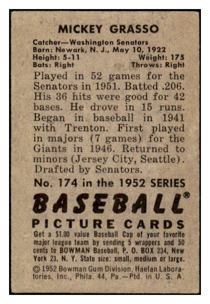 1952 Bowman Baseball #174 Mickey Grasso Senators VG-EX 508899