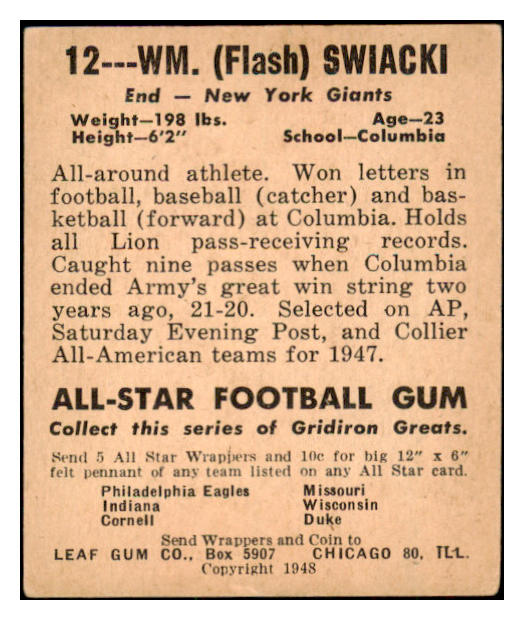 1948 Leaf Football #012 Bill Swiacki Giants EX 508935