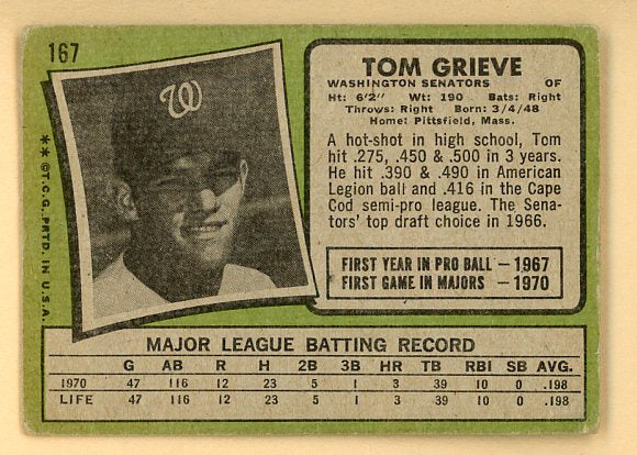1971 Topps #167 Tom Grieve Senators Signed Autographed 509101