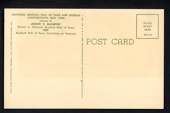 Yellow Hall Of Fame Postcard Joe McCarthy Yankees Signed Autographed 509151