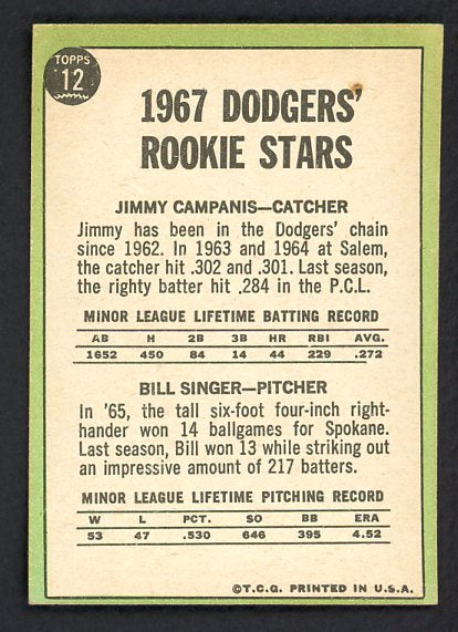 1967 Topps #012 Jim Campanis Bill Singer Signed Autographed 509199