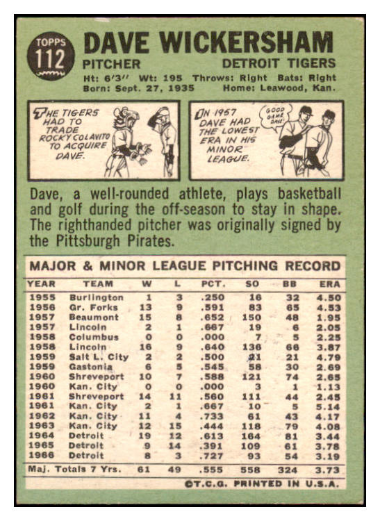 1967 Topps #112 Dave Wickersham Tigers Signed Autographed 509237