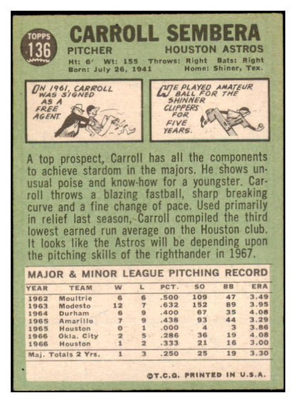 1967 Topps #136 Carroll Sembera Astros Signed Autographed 509248