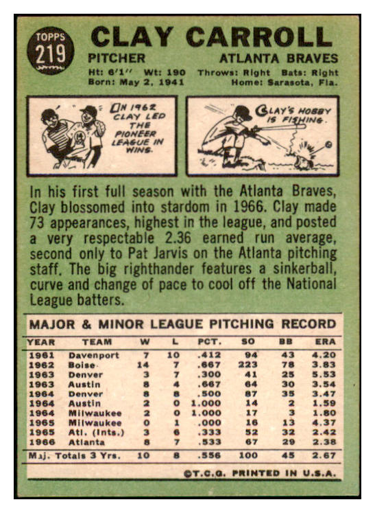 1967 Topps #219 Clay Carroll Braves Signed Autographed 509278