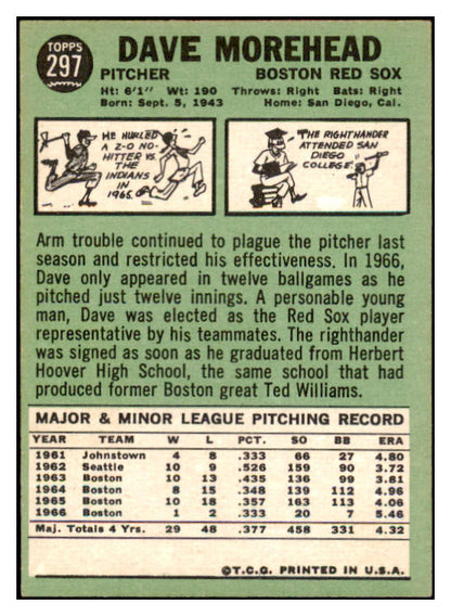1967 Topps #297 Dave Morehead Red Sox Signed Autographed 509292