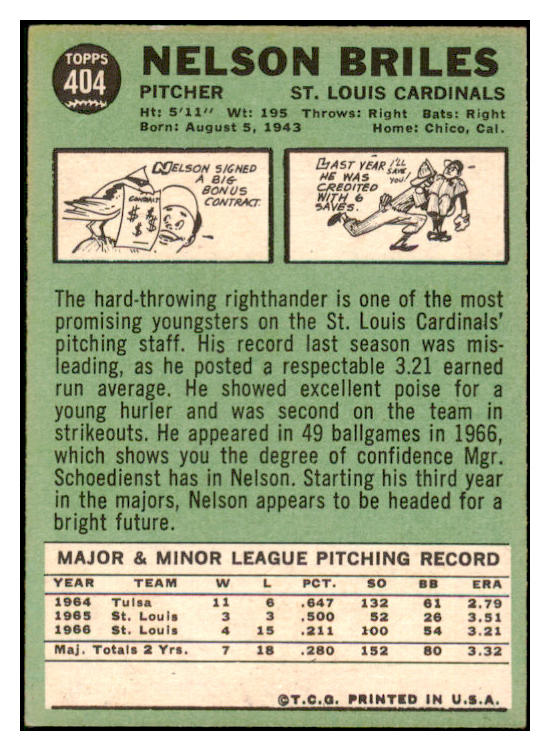 1967 Topps #404 Nelson Briles Cardinals Signed Autographed 509325