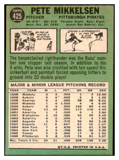 1967 Topps #425 Pete Mikkelsen Pirates Signed Autographed 509332